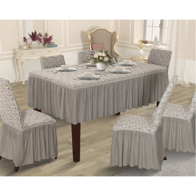 Чехлы на стулья гобелен (6шт.)+скатерть c оборкой К 048 k.gri /т.серый