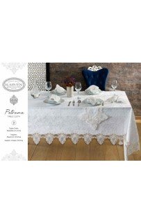 Скатерть Карвен "PETRANA" 160*260 с салфетками велюр с кружевом 25 предметов M 798 krem/кремовый