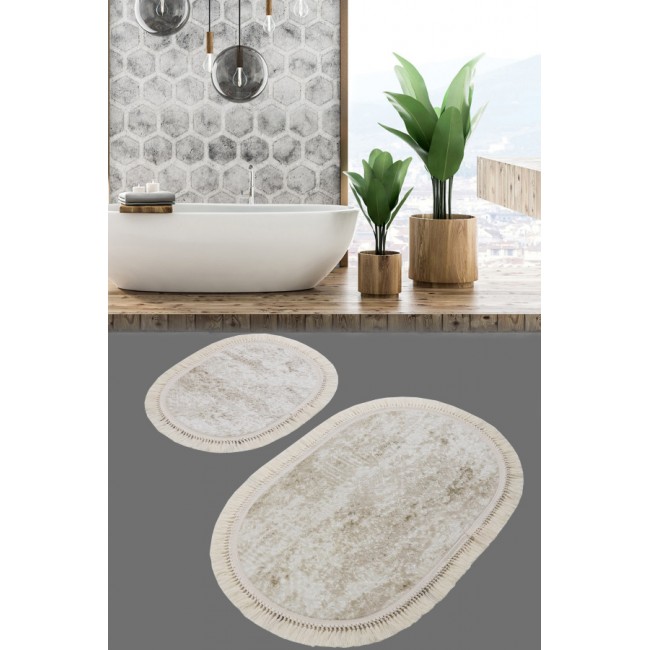 Набор ковриков для ванной Карвен BUKET SACAKLI OVAL/софт жаккард с бахрамой KV 417 bej/бежевый Набор ковриков для ванной Карвен BUKET SACAKLI OVAL/софт жаккард с бахрамой KV 417 bej/бежевый