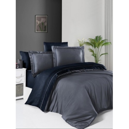 Постельное белье (Сатин де люкс) DARK евро (Serenity Dark Grey/navy blue)