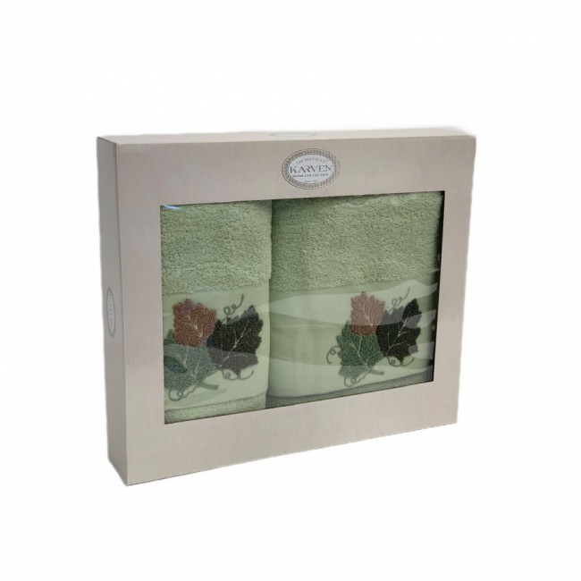Набор полотенец в коробке Карвен "ЛИСТЬЯ" махра 50*90/70*140 HS1719 v5 фисташковый (Акция)