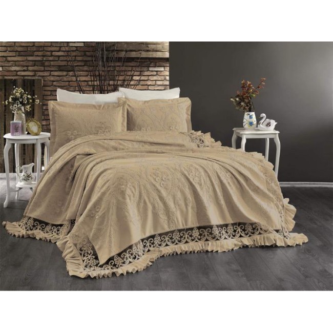Комплект EVELINA (Покрывало+постельное белье) евро 8 предметов "BATIK" Y 821 бежевый