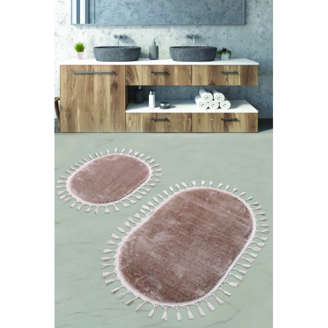 Набор ковриков для ванной Карвен POST DOKUMA OVAL SACAKLI/мех с бахрамой 50*60-60*100 KV 413 cappucino/капучино