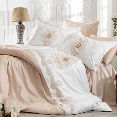Постельное белье Zebra casa сатин с кружевом евро N169 FLORANSA krem