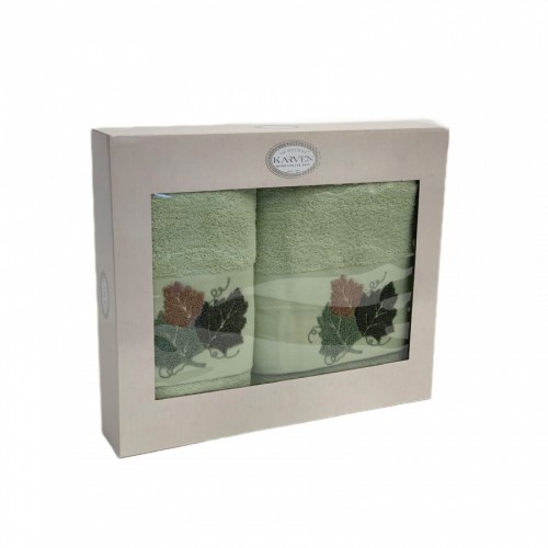Набор полотенец в коробке Карвен "ЛИСТЬЯ" махра 50*90/70*140 HS1719 v5 фисташковый (Акция)