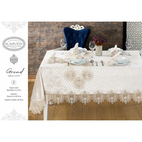 Скатерть Карвен "GRAND" 160*260 велюр с кружевом M 795 krem/кремовый