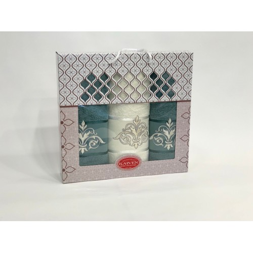 HS 1655 Набор полотенец Карвен "DAMAKS" махра 50*90(2)/70*140 HS 1655 v12 крем/изумруд