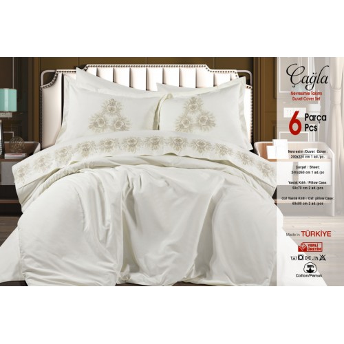 Постельное белье BATUNUR "CAGLA" люкс акфил с кружевом евро N279 krem/крем