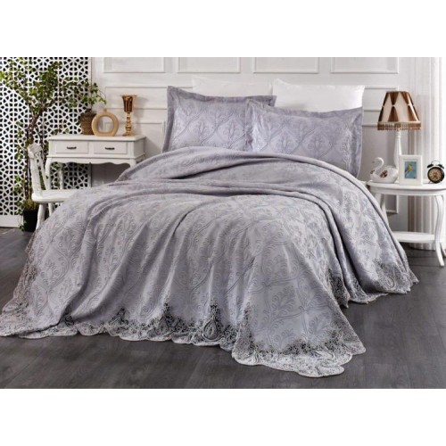 Комплект EVELINA (Покрывало+постельное белье+плед) евро 8 предметов "ZUMRUT" Y 820 серый