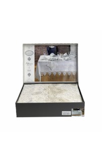 Скатерть Карвен "PETRANA" 160*300 с салфетками велюр с кружевом 31 предмет M 799 krem/кремовый