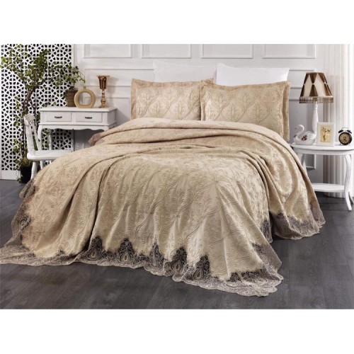 Комплект EVELINA (Покрывало+постельное белье+парфюм) евро 7 предметов "ZUMRUT" Y 816 бежевый