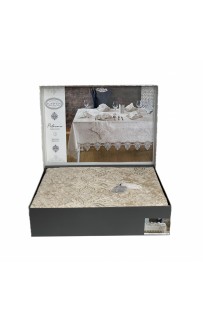 Скатерть Карвен "PETRANA" 160*300 с салфетками велюр с кружевом 31 предмет M 799 cappuccino/капучино