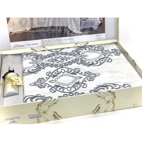 Комплект EVELINA (Покрывало+постельное белье+парфюм) евро 7 предметов "POLINA"Y 817 крем-серый (Акция)