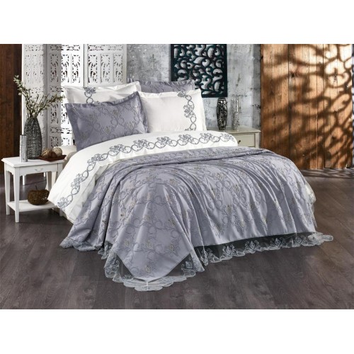Комплект EVELINA (Покрывало+постельное белье+парфюм) евро 7 предметов "MILAS"Y 817 серый (Акция)