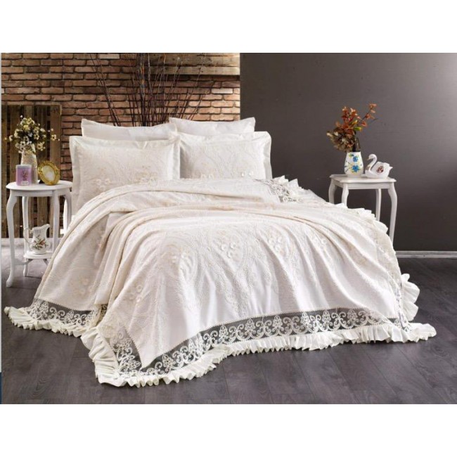Комплект EVELINA (Покрывало+постельное белье) евро 7 предметов "BATIK" Y 819 крем (Акция)