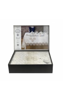 Скатерть Карвен "GRAND" 160*300 с салфетками велюр с кружевом 31 предмет M 799 krem/кремовый