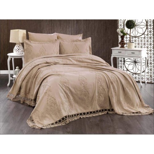 Комплект EVELINA (Покрывало+постельное белье+духи) евро 7 предметов "DIVA" Y 816 бежевый