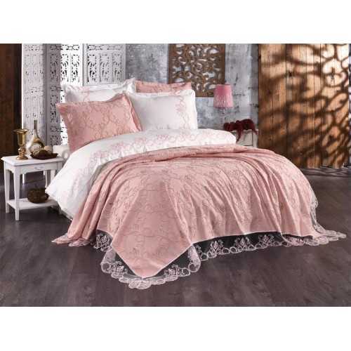 Комплект EVELINA (Покрывало+постельное белье) евро 7 предметов "MILAS" Y 819 пудра (Акция)