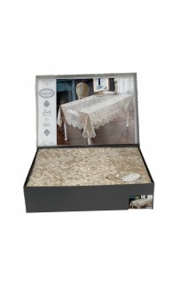 Скатерть Карвен "DATE"160*300 с салфетками велюр с кружевом 31предмет M 793 cappuccino/капучино