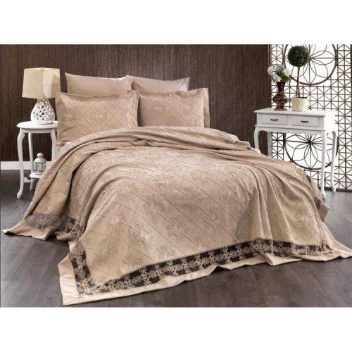 Комплект EVELINA (Покрывало+постельное белье+парфюм) евро 7 предметов "HERCAI"Y 817 бежевый (Акция)