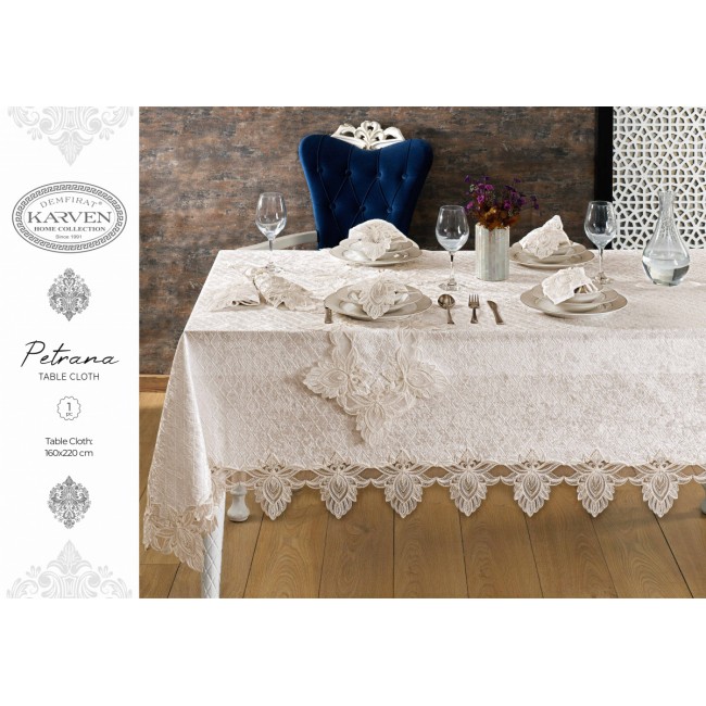 Скатерть Карвен "PETRANA" 160*300 с салфетками велюр с кружевом 31 предмет M 799 cappuccino/капучино