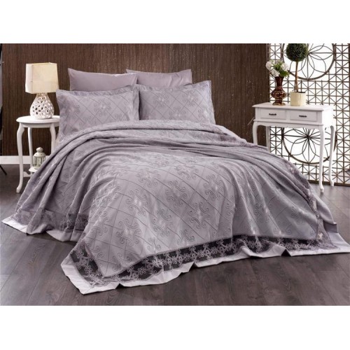 Комплект EVELINA (Покрывало+постельное белье) евро 7 предметов "HERCAI" Y 819 серый (Акция)