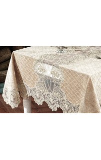 Скатерть Карвен "LUCCA"160*300 с салфетками велюр с кружевом 31предмет M 793 cappuccino/капучино