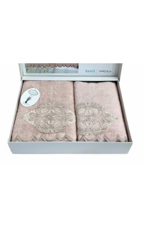 Набор полотенец Карвен "DAMASK"гипюр с кружевом,бамбук 50*90/70*140 HS1716 v3 pudra/пудровый