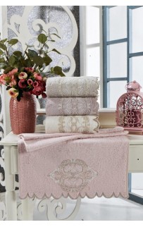 Набор полотенец Карвен "DAMASK"гипюр с кружевом,бамбук 50*90/70*140 HS1716 v3 pudra/пудровый