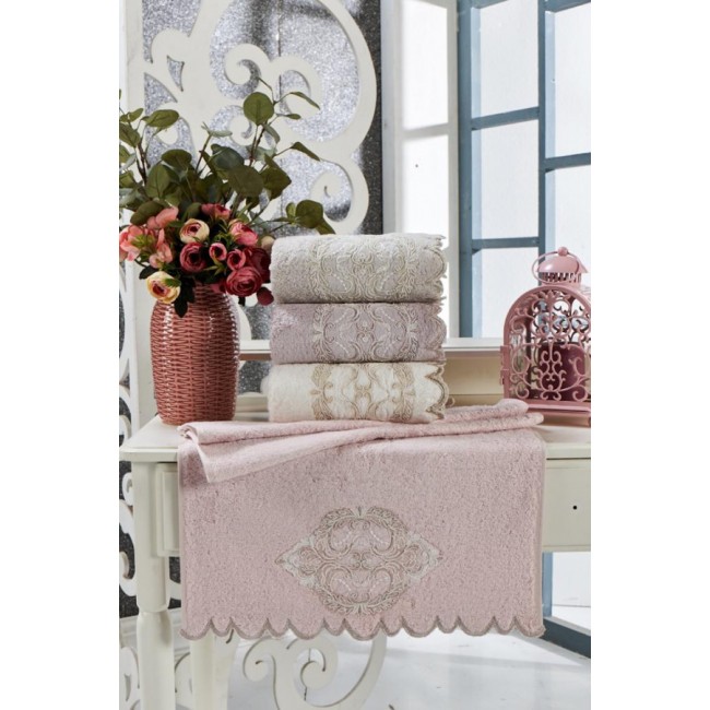 Набор полотенец Карвен "DAMASK"гипюр с кружевом,бамбук 50*90/70*140 HS1716 v3 pudra/пудровый