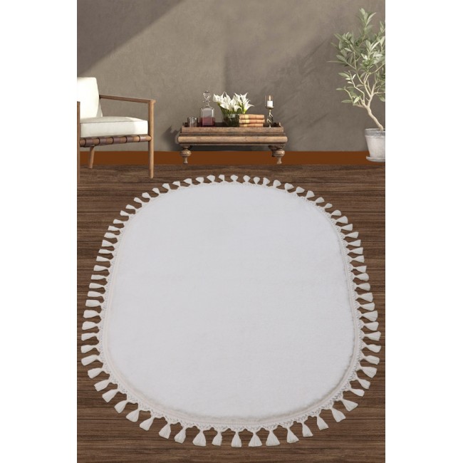 Ковер Карвен POST DOKUMA OVAL SACAKLI/мех с бахрамой 80*120 KV 028 beyaz/белый