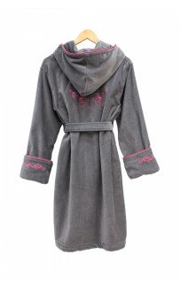 Халат Каrven "УЗОР"женский с капюшоном велюр B 1108 серый/розовый L/XL