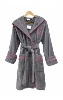 Халат Каrven "УЗОР"женский с капюшоном велюр B 1108 серый/розовый L/XL