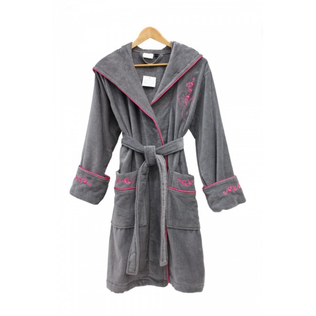 Халат Каrven "УЗОР"женский с капюшоном велюр B 1108 серый/розовый L/XL