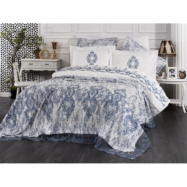 Комплект EVELINA (Покрывало+постельное белье+парфюм) евро 7 предметов "POLINA"Y 817 крем-голубой (Акция)