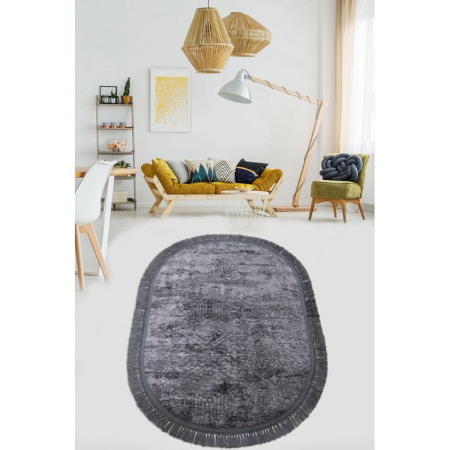Ковер Карвен BUKET SACAKLI OVAL/софт жаккард с бахрамой 80*120 KV 025 antrasit/антрацит