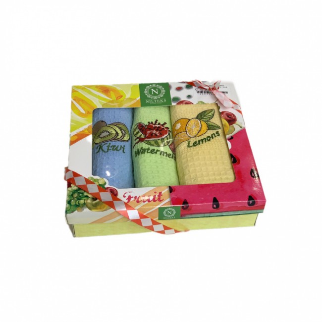 Набор полотенец кухонный NILTEKS "ФРУКТЫ" вафля 40*60-3 шт. НМ 740 v2 голуб/салат/желтый