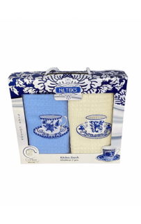 Набор полотенец кухонный NILTEKS "ЧАШКА ГЖЕЛЬ"вафля 40*60 2 шт.НМ 754 v10 голуб/крем