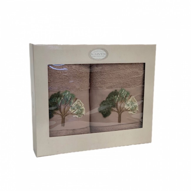 Набор полотенец в коробке Карвен "ДЕРЕВО" махра 50*90/70*140 HS1719 v3 какао (Акция)