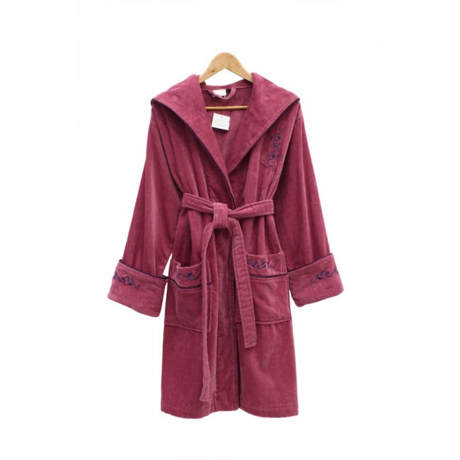 Халат Каrven "УЗОР"женский с капюшоном велюр B 1108 розовая фуксия S