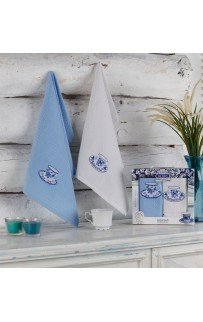 Набор полотенец кухонный NILTEKS "ЧАШКА ГЖЕЛЬ"вафля 40*60 2 шт.НМ 754 v10 голуб/крем