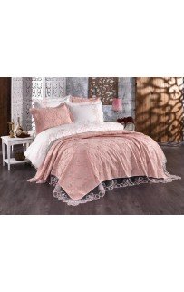 Комплект EVELINA (Покрывало+постельное белье) евро 7 предметов "MILAS" Y 819 пудра (Акция)