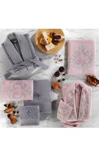 Халат Zebra "LIVORNO" (муж.+жен.)с полотенцами 50*90(2)/70*140(2) бамбук В 1091 серый/пудра (Акция)