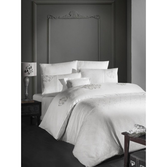 Постельное белье "Карвен" (жаккард с кружевами) евро Mirabel Cream