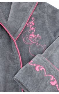 Халат Каrven "УЗОР"женский с капюшоном велюр B 1108 серый/розовый L/XL