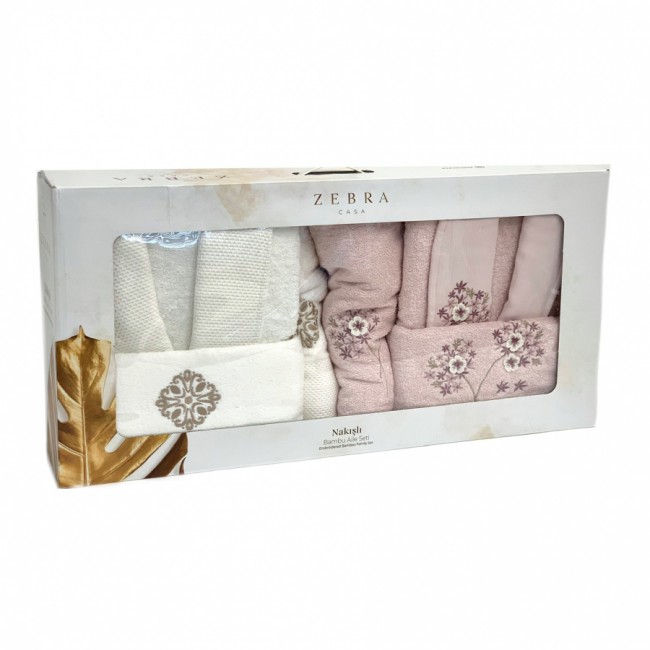 Халат Zebra "FLORA" (муж.+жен.)с полотенцами 50*90(2)/70*140(2) бамбук В 1102 крем/пудра (Акция)