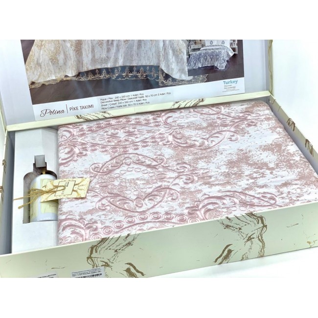 Комплект EVELINA (Покрывало+постельное белье) евро 7 предметов "POLINA" Y 819 пудра (Акция)