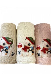 Набор полотенец кухонный "ЗИМА-СНЕГОВИК" 3D махра 30*50 3шт. НМ 523(V-1)-4 бежевый/пудровый