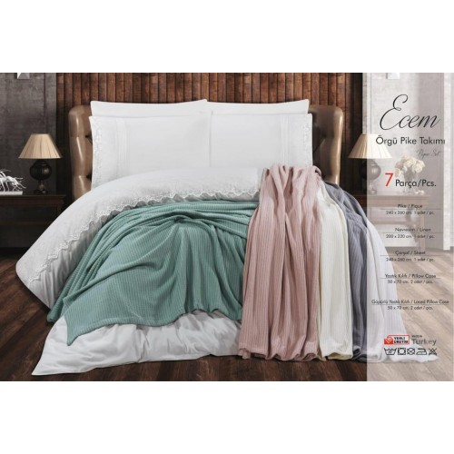 Комплект BATUNUR "ECEM"пике (покрывало +постельное белье с нав ,акфил с кружевом)евро 7 пр. Y 932 pudra/пудровый (Акция)