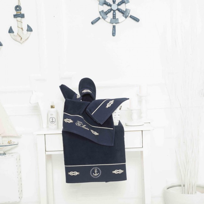 Набор полотенец Tivolyo Home MARINE TOWEL тёмно-синий 3 предмета + тапочки